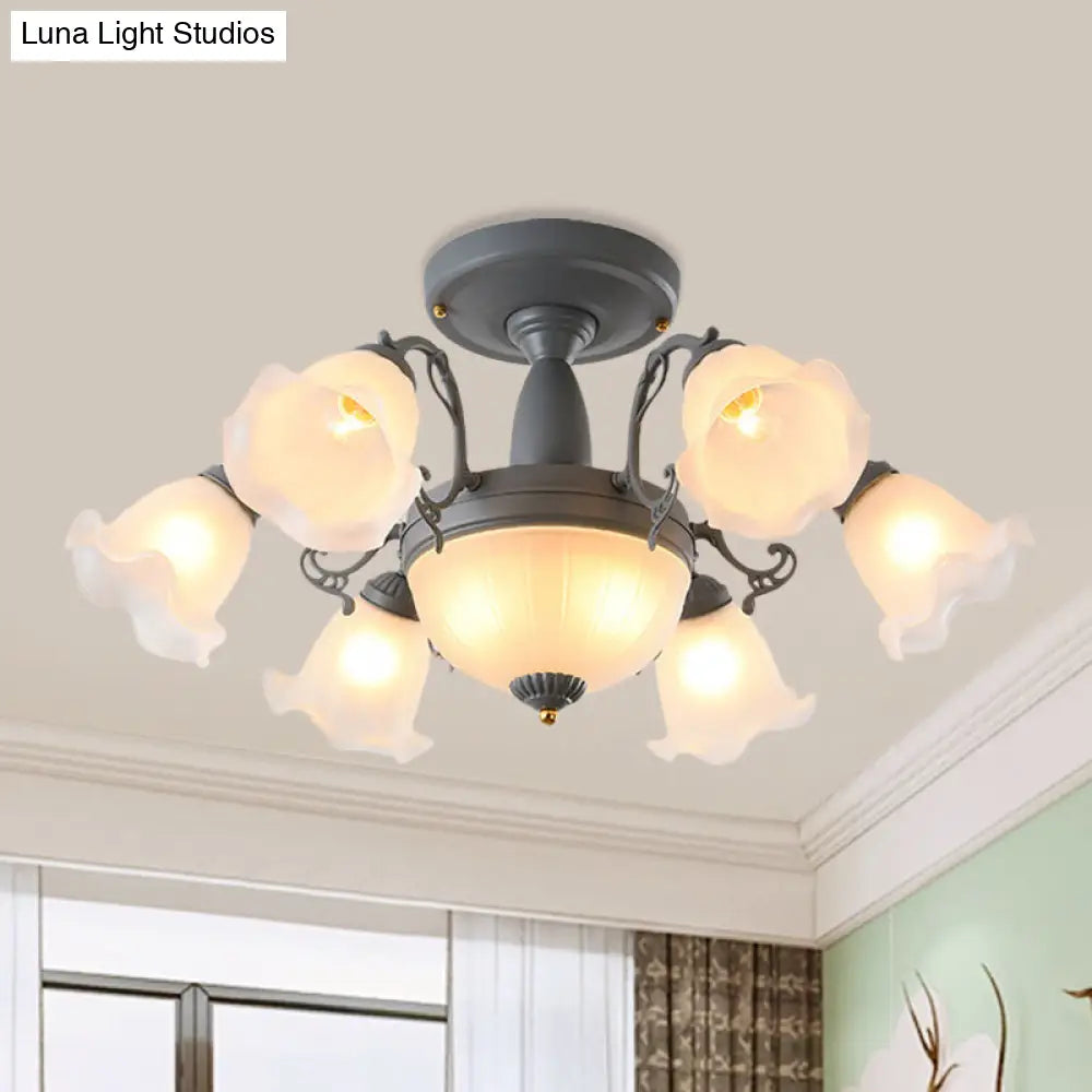 Semi Flush Chandelier - Korean Garden Parlor Ceiling Light with Rotating Bell Frosted Glass Shade in Grey/Blue (8/11 Heads)