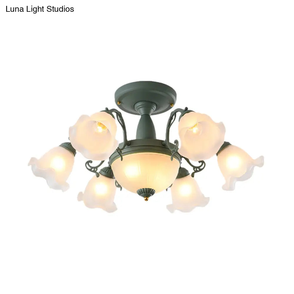 Semi Flush Chandelier - Korean Garden Parlor Ceiling Light with Rotating Bell Frosted Glass Shade in Grey/Blue (8/11 Heads)