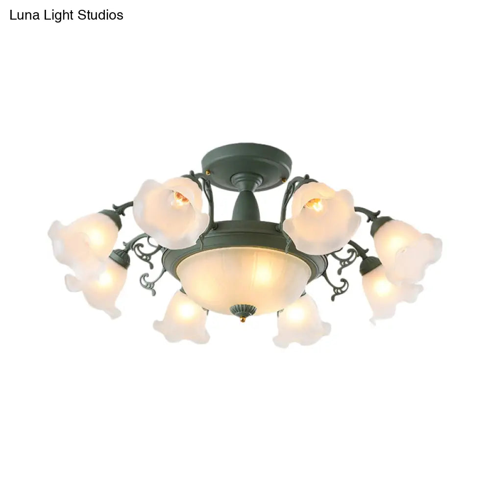 Semi Flush Chandelier - Korean Garden Parlor Ceiling Light with Rotating Bell Frosted Glass Shade in Grey/Blue (8/11 Heads)