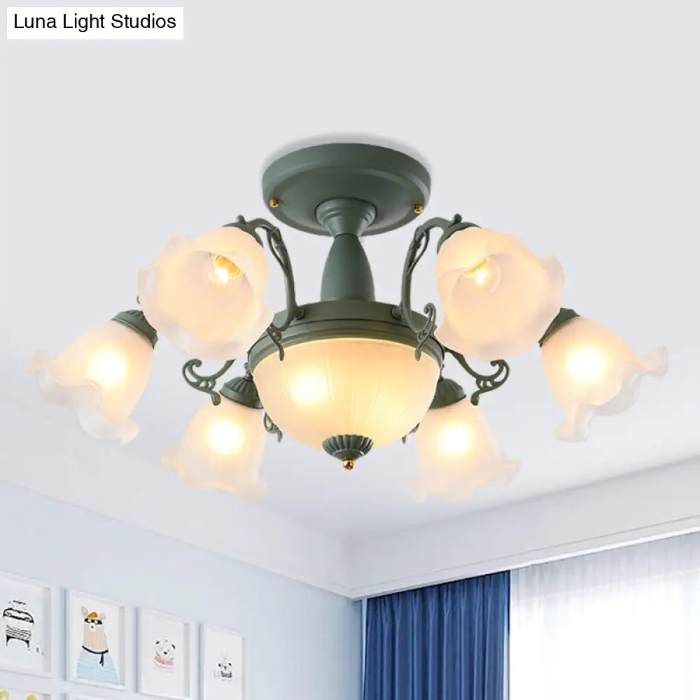 Semi Flush Chandelier - Korean Garden Parlor Ceiling Light with Rotating Bell Frosted Glass Shade in Grey/Blue (8/11 Heads)