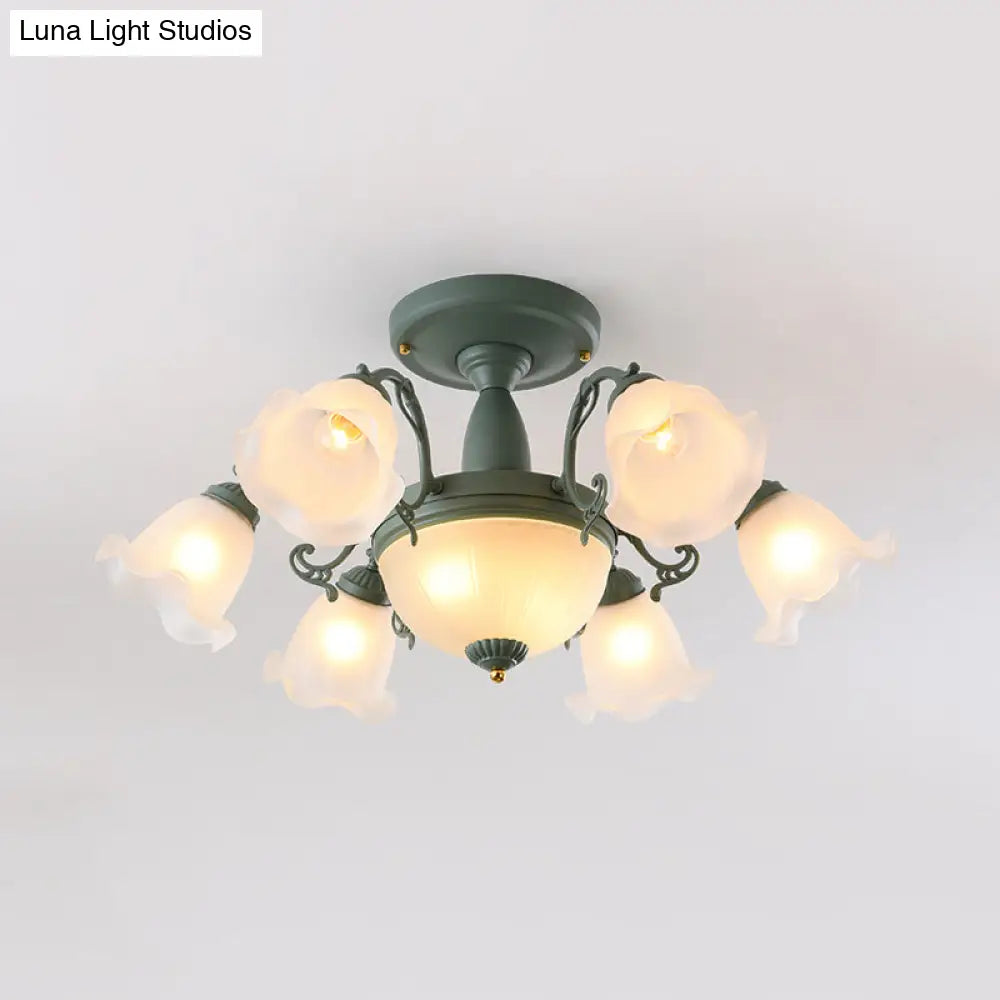 Semi Flush Chandelier - Korean Garden Parlor Ceiling Light with Rotating Bell Frosted Glass Shade in Grey/Blue (8/11 Heads)