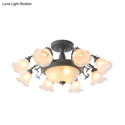 Semi Flush Chandelier - Korean Garden Parlor Ceiling Light with Rotating Bell Frosted Glass Shade in Grey/Blue (8/11 Heads)