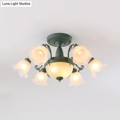 Semi Flush Chandelier - Korean Garden Parlor Ceiling Light with Rotating Bell Frosted Glass Shade in Grey/Blue (8/11 Heads)