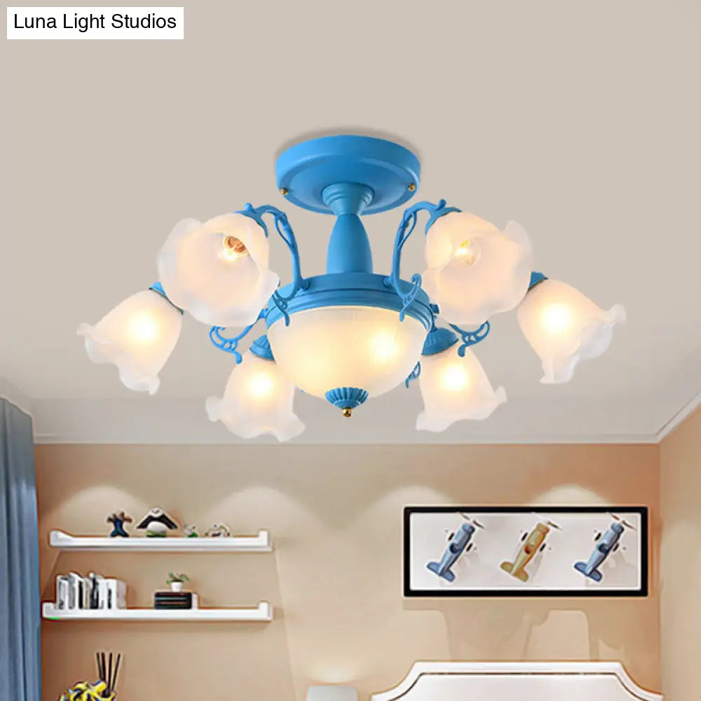 Semi Flush Chandelier - Korean Garden Parlor Ceiling Light with Rotating Bell Frosted Glass Shade in Grey/Blue (8/11 Heads)