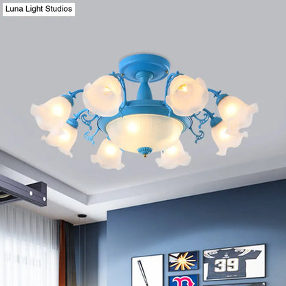 Semi Flush Chandelier - Korean Garden Parlor Ceiling Light with Rotating Bell Frosted Glass Shade in Grey/Blue (8/11 Heads)