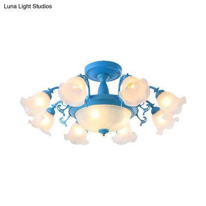 Semi Flush Chandelier - Korean Garden Parlor Ceiling Light with Rotating Bell Frosted Glass Shade in Grey/Blue (8/11 Heads)