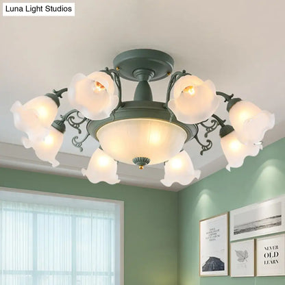 Semi Flush Chandelier - Korean Garden Parlor Ceiling Light with Rotating Bell Frosted Glass Shade in Grey/Blue (8/11 Heads)