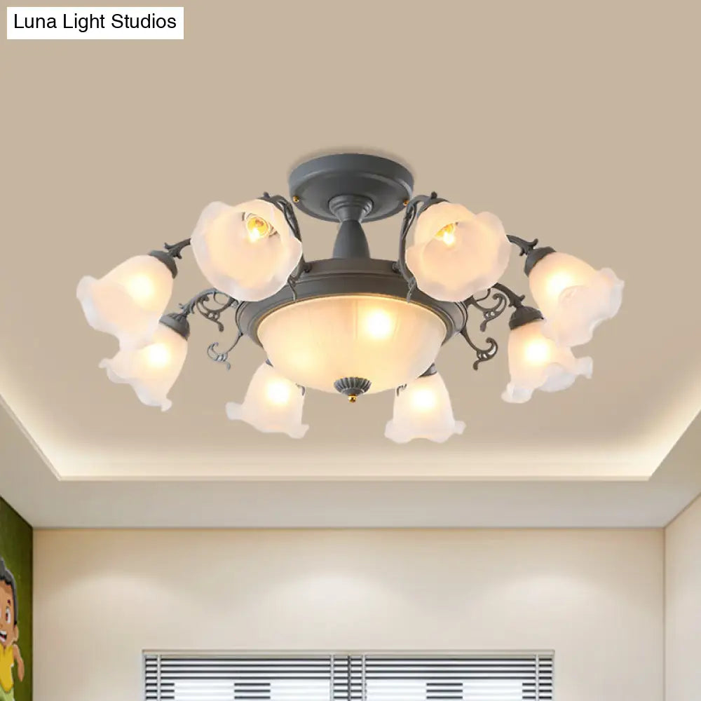 Semi Flush Chandelier - Korean Garden Parlor Ceiling Light with Rotating Bell Frosted Glass Shade in Grey/Blue (8/11 Heads)