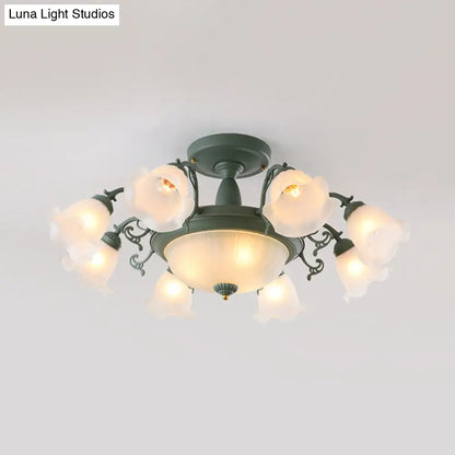 Semi Flush Chandelier - Korean Garden Parlor Ceiling Light with Rotating Bell Frosted Glass Shade in Grey/Blue (8/11 Heads)