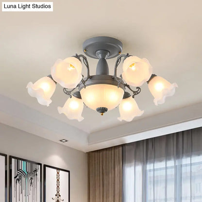 Semi Flush Chandelier - Korean Garden Parlor Ceiling Light with Rotating Bell Frosted Glass Shade in Grey/Blue (8/11 Heads)