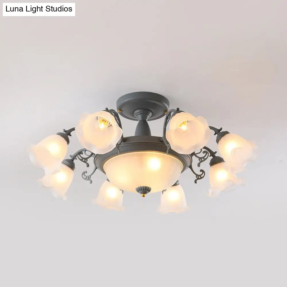 Semi Flush Chandelier - Korean Garden Parlor Ceiling Light with Rotating Bell Frosted Glass Shade in Grey/Blue (8/11 Heads)