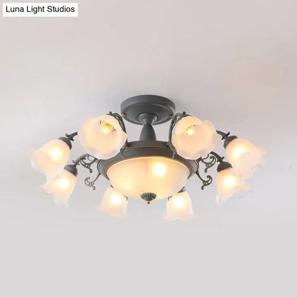 Semi Flush Chandelier - Korean Garden Parlor Ceiling Light with Rotating Bell Frosted Glass Shade in Grey/Blue (8/11 Heads)