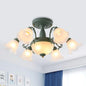 Semi Flush Chandelier - Korean Garden Parlor Ceiling Light with Rotating Bell Frosted Glass Shade in Grey/Blue (8/11 Heads)