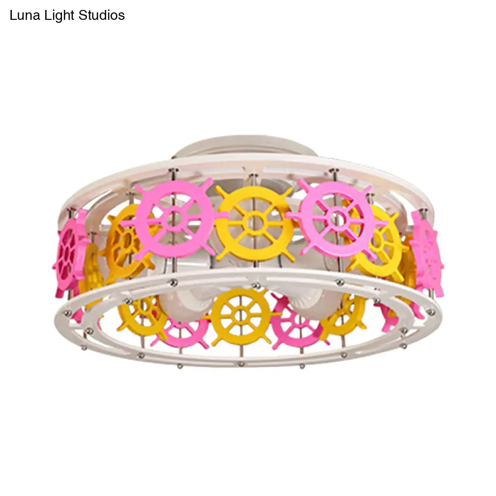 DecorBites™ DecorBites™ Semi Flush Elephant/Boat/Rudder Lamp with Drum Design for Kids - 5-Light Wood Fixture in Pink/Yellow or Pink/Blue Flush Mount