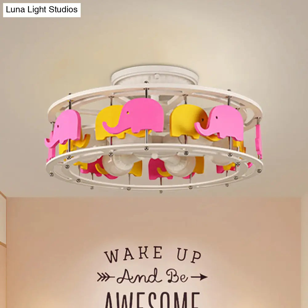 DecorBites™ DecorBites™ Semi Flush Elephant/Boat/Rudder Lamp with Drum Design for Kids - 5-Light Wood Fixture in Pink/Yellow or Pink/Blue Flush Mount