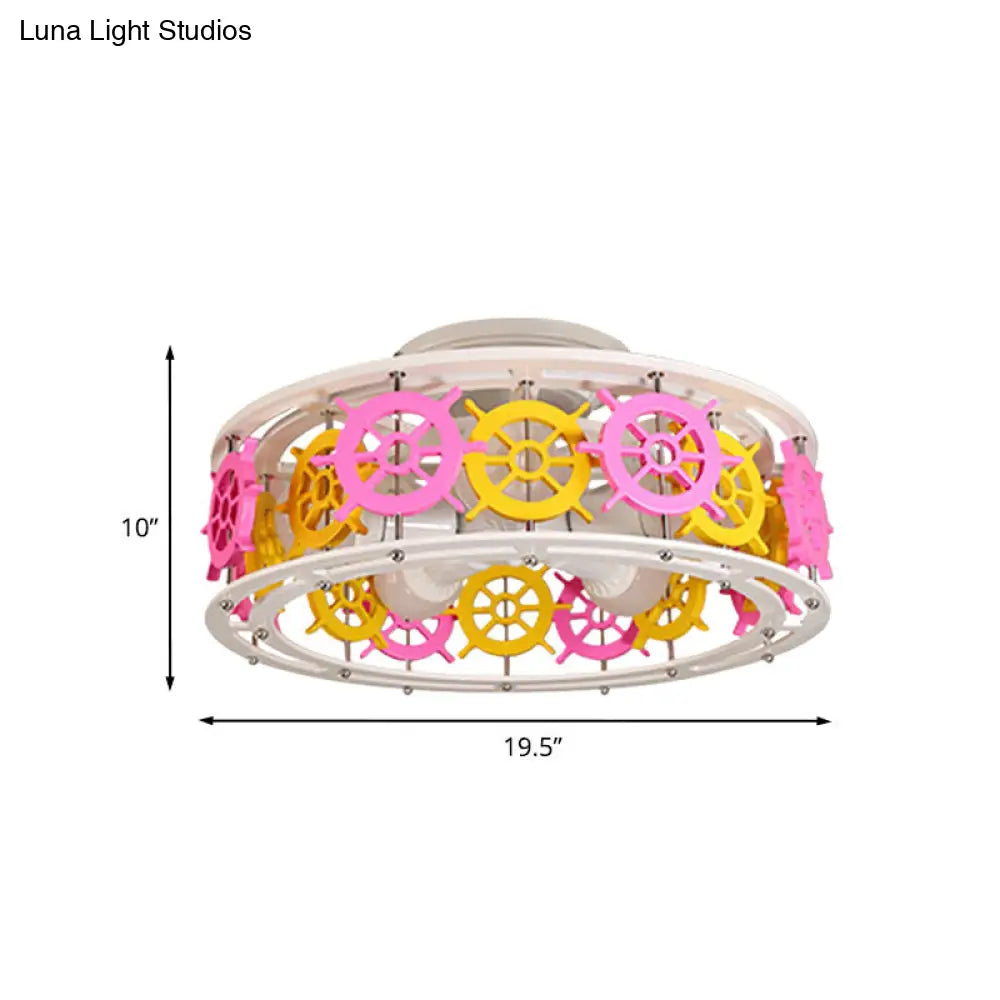 DecorBites™ DecorBites™ Semi Flush Elephant/Boat/Rudder Lamp with Drum Design for Kids - 5-Light Wood Fixture in Pink/Yellow or Pink/Blue Flush Mount