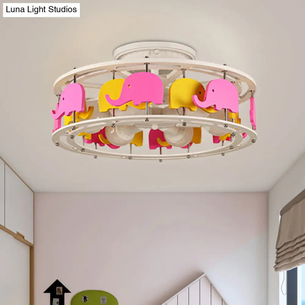 DecorBites™ DecorBites™ Semi Flush Elephant/Boat/Rudder Lamp with Drum Design for Kids - 5-Light Wood Fixture in Pink/Yellow or Pink/Blue Flush Mount