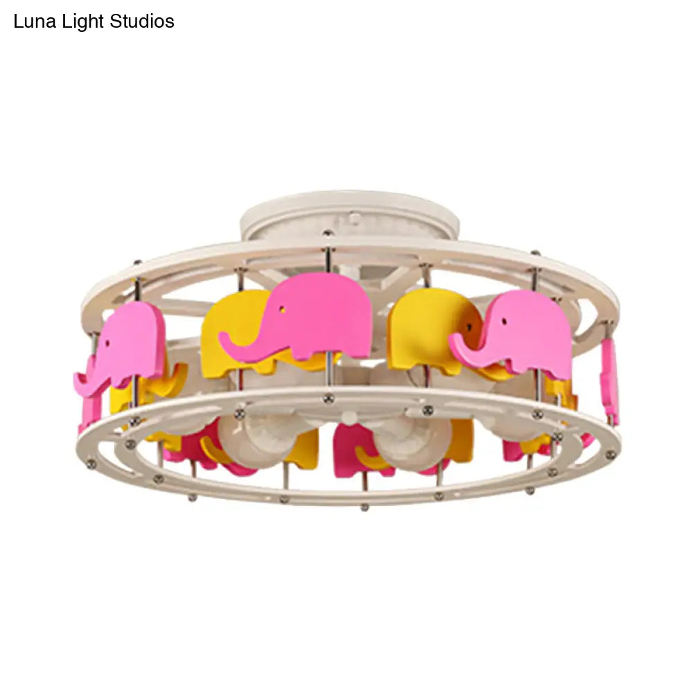 DecorBites™ DecorBites™ Semi Flush Elephant/Boat/Rudder Lamp with Drum Design for Kids - 5-Light Wood Fixture in Pink/Yellow or Pink/Blue Flush Mount