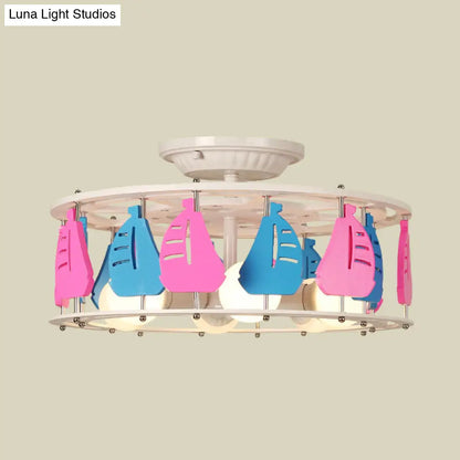 DecorBites™ DecorBites™ Semi Flush Elephant/Boat/Rudder Lamp with Drum Design for Kids - 5-Light Wood Fixture in Pink/Yellow or Pink/Blue Flush Mount