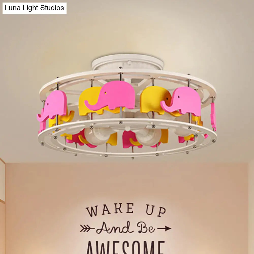 DecorBites™ DecorBites™ Semi Flush Elephant/Boat/Rudder Lamp with Drum Design for Kids - 5-Light Wood Fixture in Pink/Yellow or Pink/Blue Flush Mount