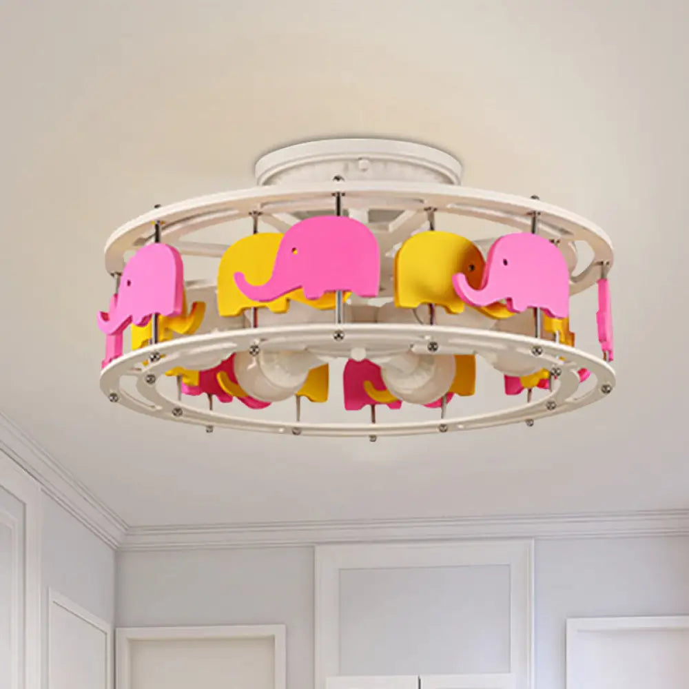 DecorBites™ DecorBites™ Semi Flush Elephant/Boat/Rudder Lamp with Drum Design for Kids - 5-Light Wood Fixture in Pink/Yellow or Pink/Blue Flush Mount