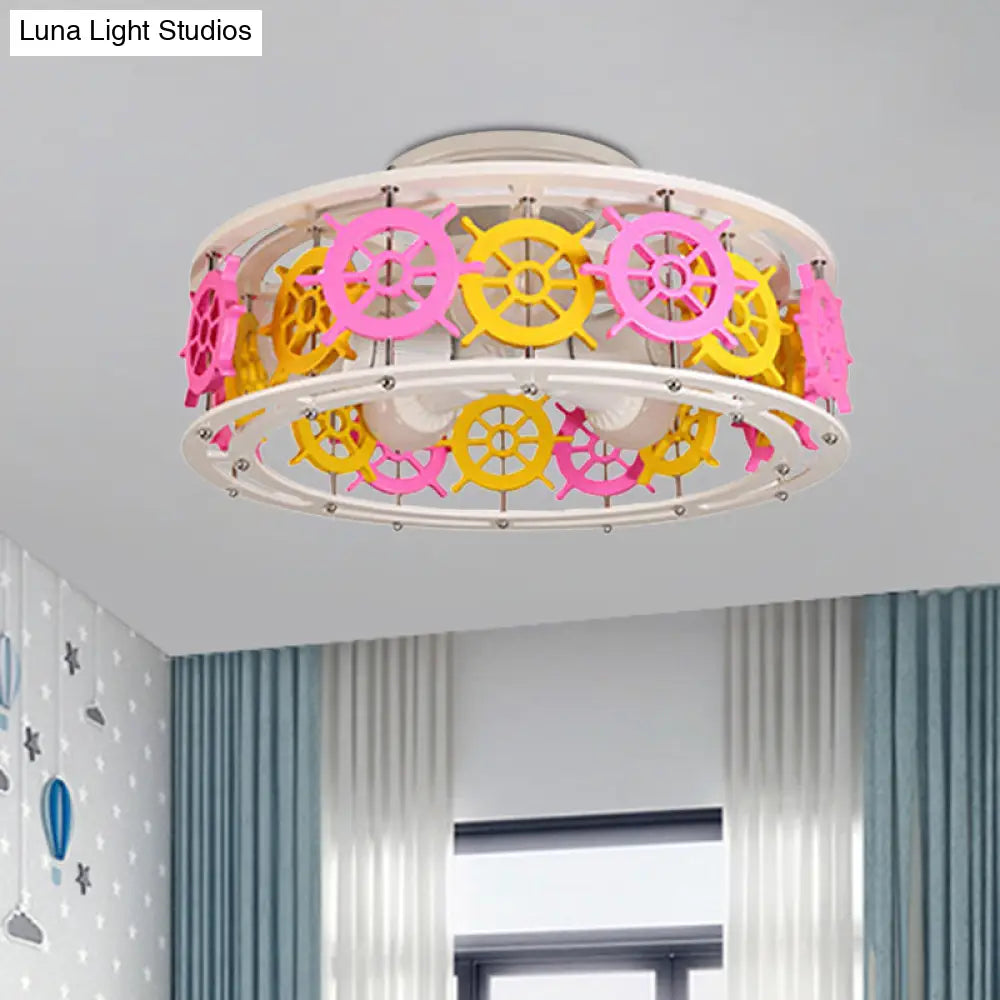 DecorBites™ DecorBites™ Semi Flush Elephant/Boat/Rudder Lamp with Drum Design for Kids - 5-Light Wood Fixture in Pink/Yellow or Pink/Blue Flush Mount
