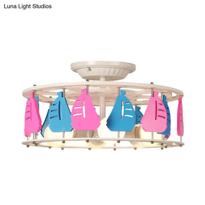 DecorBites™ DecorBites™ Semi Flush Elephant/Boat/Rudder Lamp with Drum Design for Kids - 5-Light Wood Fixture in Pink/Yellow or Pink/Blue Flush Mount