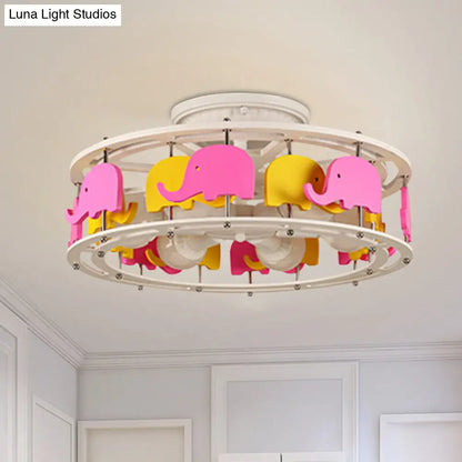 DecorBites™ DecorBites™ Semi Flush Elephant/Boat/Rudder Lamp with Drum Design for Kids - 5-Light Wood Fixture in Pink/Yellow or Pink/Blue Flush Mount