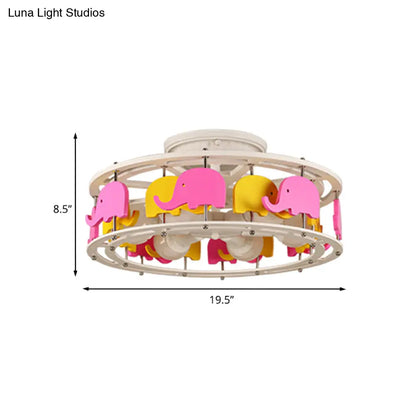 DecorBites™ DecorBites™ Semi Flush Elephant/Boat/Rudder Lamp with Drum Design for Kids - 5-Light Wood Fixture in Pink/Yellow or Pink/Blue Flush Mount