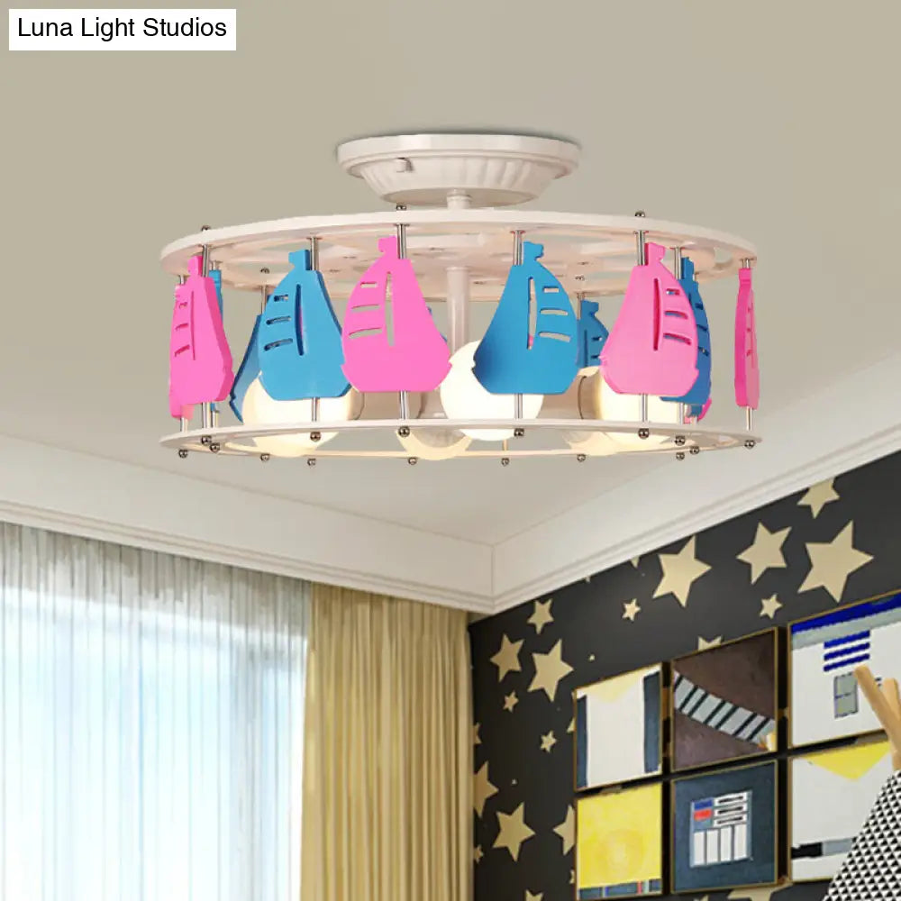 DecorBites™ DecorBites™ Semi Flush Elephant/Boat/Rudder Lamp with Drum Design for Kids - 5-Light Wood Fixture in Pink/Yellow or Pink/Blue Flush Mount