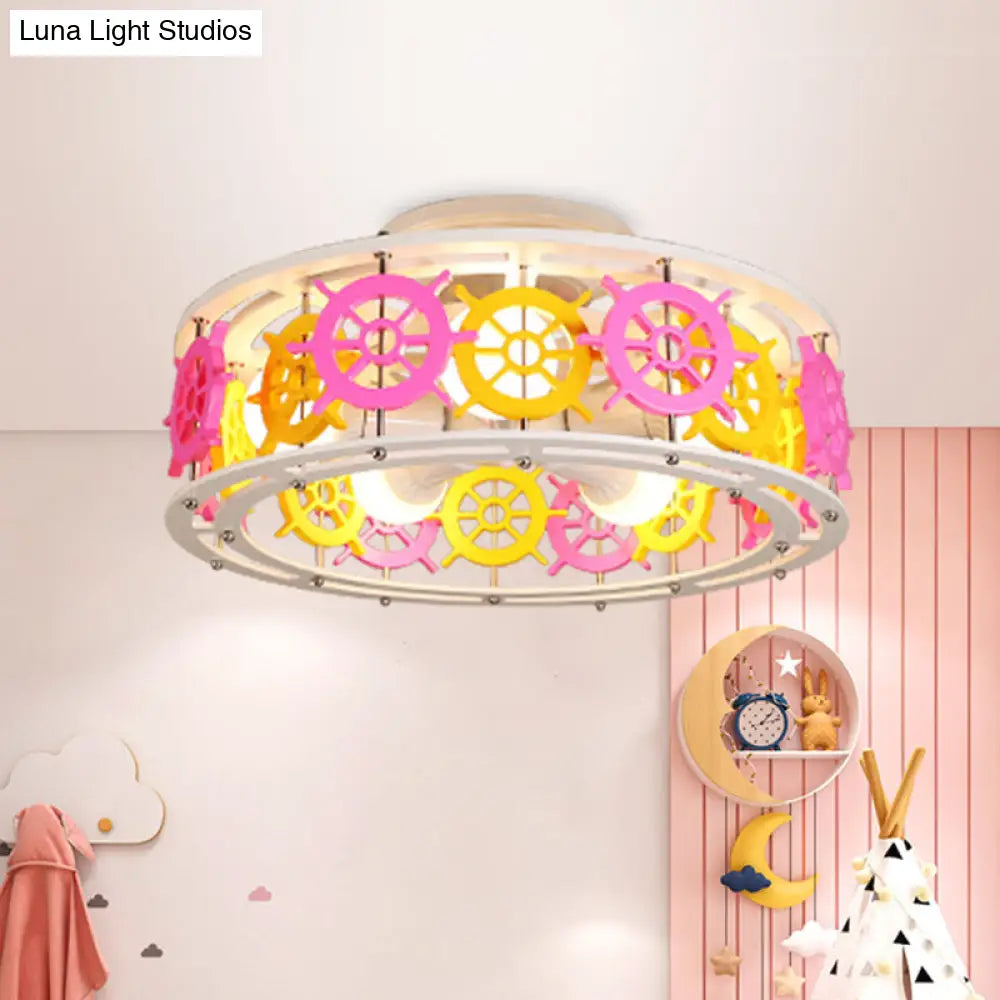 DecorBites™ DecorBites™ Semi Flush Elephant/Boat/Rudder Lamp with Drum Design for Kids - 5-Light Wood Fixture in Pink/Yellow or Pink/Blue Flush Mount