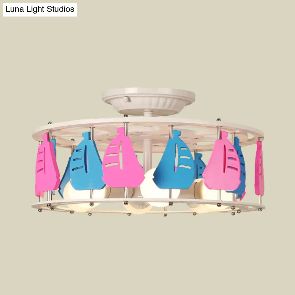 DecorBites™ DecorBites™ Semi Flush Elephant/Boat/Rudder Lamp with Drum Design for Kids - 5-Light Wood Fixture in Pink/Yellow or Pink/Blue Flush Mount