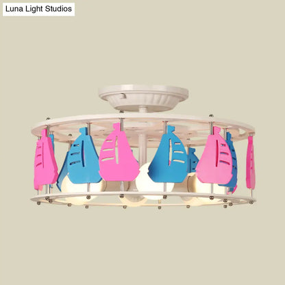 DecorBites™ DecorBites™ Semi Flush Elephant/Boat/Rudder Lamp with Drum Design for Kids - 5-Light Wood Fixture in Pink/Yellow or Pink/Blue Flush Mount