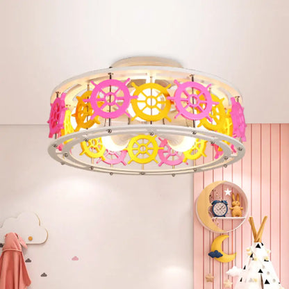 DecorBites™ DecorBites™ Semi Flush Elephant/Boat/Rudder Lamp with Drum Design for Kids - 5-Light Wood Fixture in Pink/Yellow or Pink/Blue Flush Mount