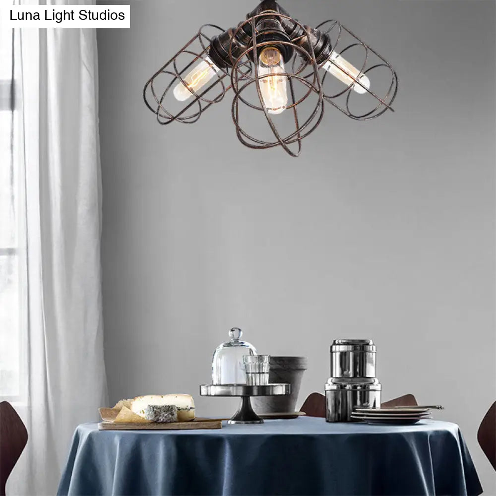 DecorBites™ DecorBites™ Semi Flush Farmhouse Pendant Light – Rustic Wrought Iron with Wire Frame – 3 Lights, Bronze/Aged Silver