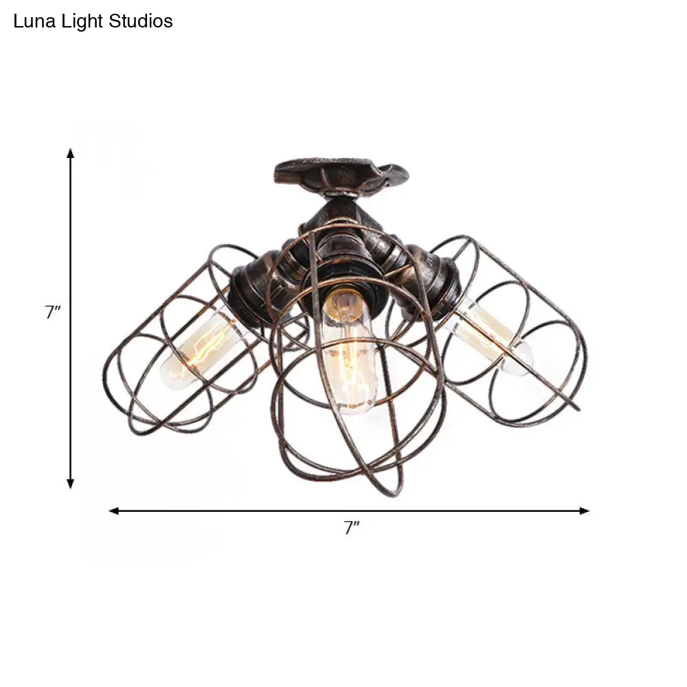 DecorBites™ DecorBites™ Semi Flush Farmhouse Pendant Light – Rustic Wrought Iron with Wire Frame – 3 Lights, Bronze/Aged Silver