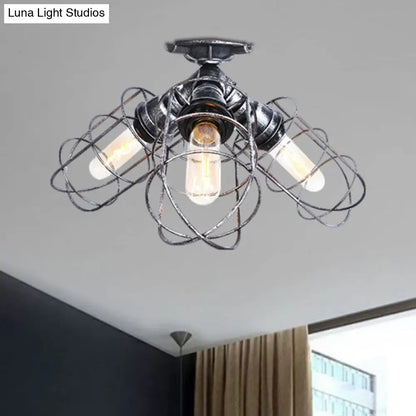 DecorBites™ DecorBites™ Semi Flush Farmhouse Pendant Light – Rustic Wrought Iron with Wire Frame – 3 Lights, Bronze/Aged Silver