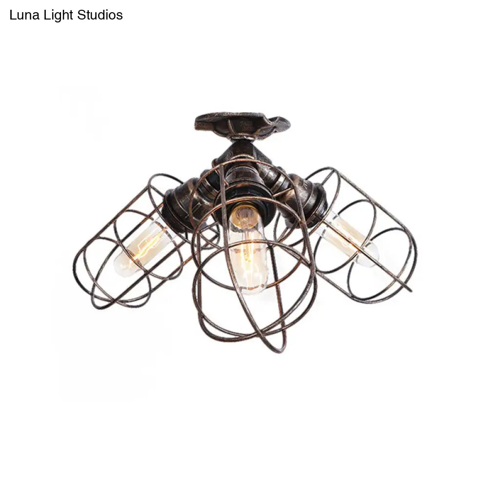 DecorBites™ DecorBites™ Semi Flush Farmhouse Pendant Light – Rustic Wrought Iron with Wire Frame – 3 Lights, Bronze/Aged Silver