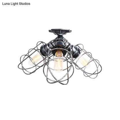 DecorBites™ DecorBites™ Semi Flush Farmhouse Pendant Light – Rustic Wrought Iron with Wire Frame – 3 Lights, Bronze/Aged Silver