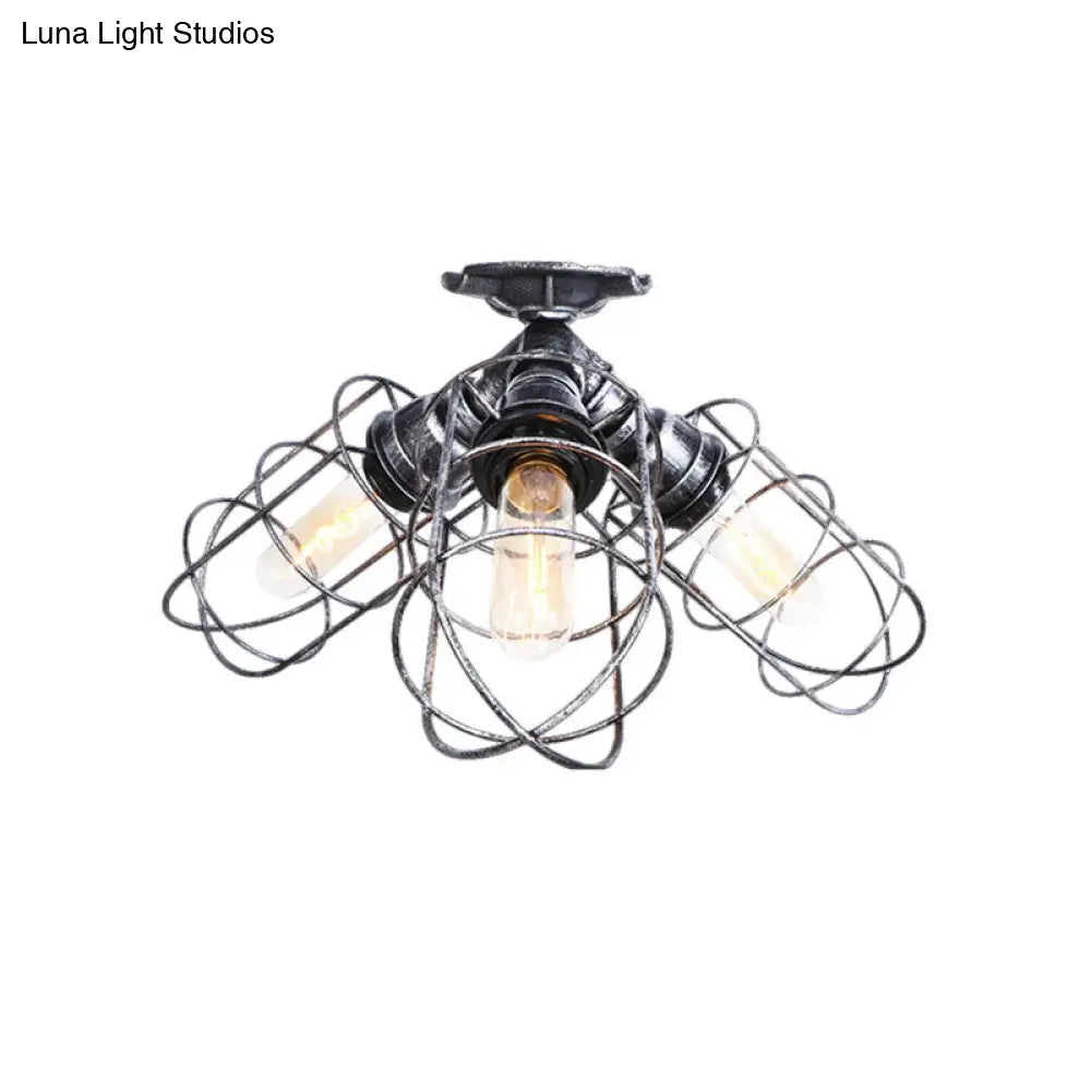 DecorBites™ DecorBites™ Semi Flush Farmhouse Pendant Light – Rustic Wrought Iron with Wire Frame – 3 Lights, Bronze/Aged Silver