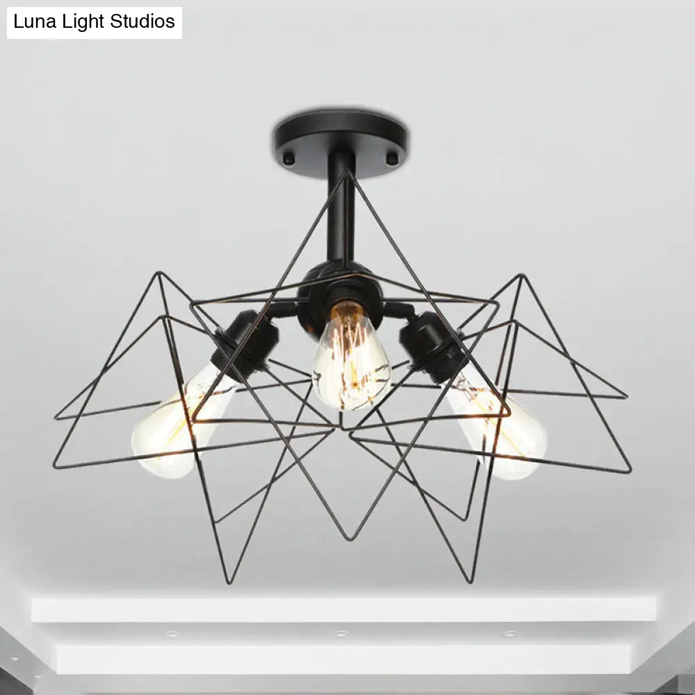 DecorBites™ DecorBites™ Semi Flush Industrial Black Ceiling Lighting for Living Room - 3 Heads with Wire Cage Metal Shade
