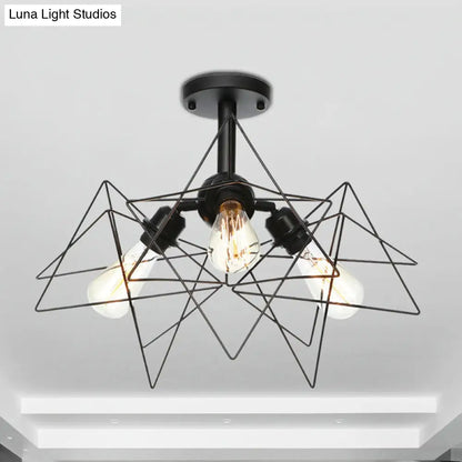 DecorBites™ DecorBites™ Semi Flush Industrial Black Ceiling Lighting for Living Room - 3 Heads with Wire Cage Metal Shade
