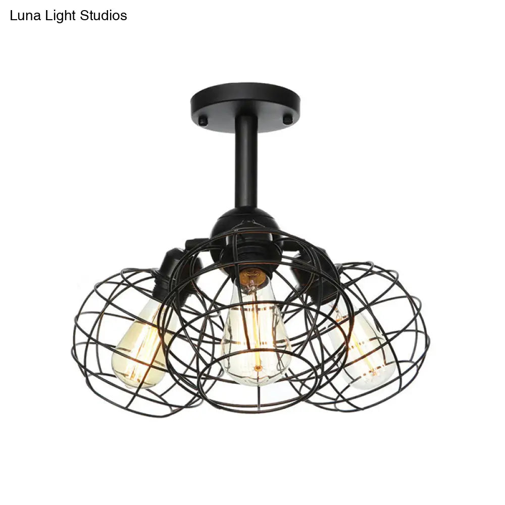 DecorBites™ DecorBites™ Semi Flush Industrial Black Ceiling Lighting for Living Room - 3 Heads with Wire Cage Metal Shade