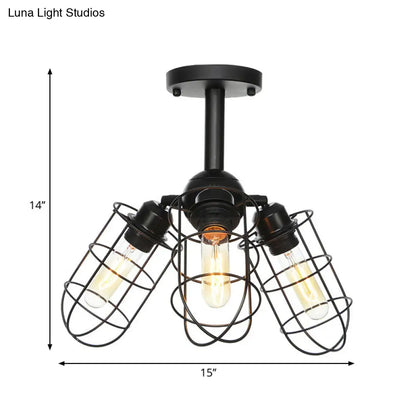 DecorBites™ DecorBites™ Semi Flush Industrial Black Ceiling Lighting for Living Room - 3 Heads with Wire Cage Metal Shade