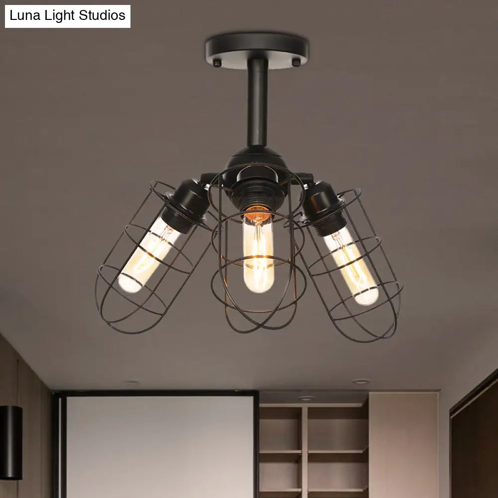 DecorBites™ DecorBites™ Semi Flush Industrial Black Ceiling Lighting for Living Room - 3 Heads with Wire Cage Metal Shade