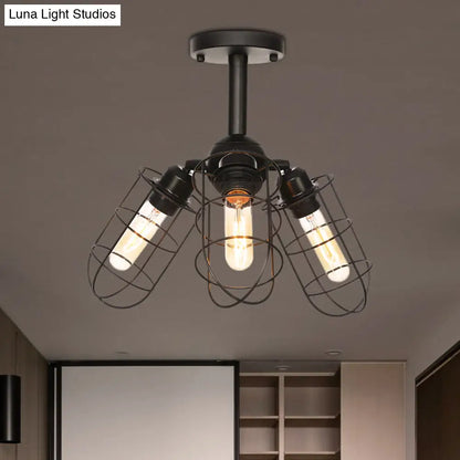 DecorBites™ DecorBites™ Semi Flush Industrial Black Ceiling Lighting for Living Room - 3 Heads with Wire Cage Metal Shade