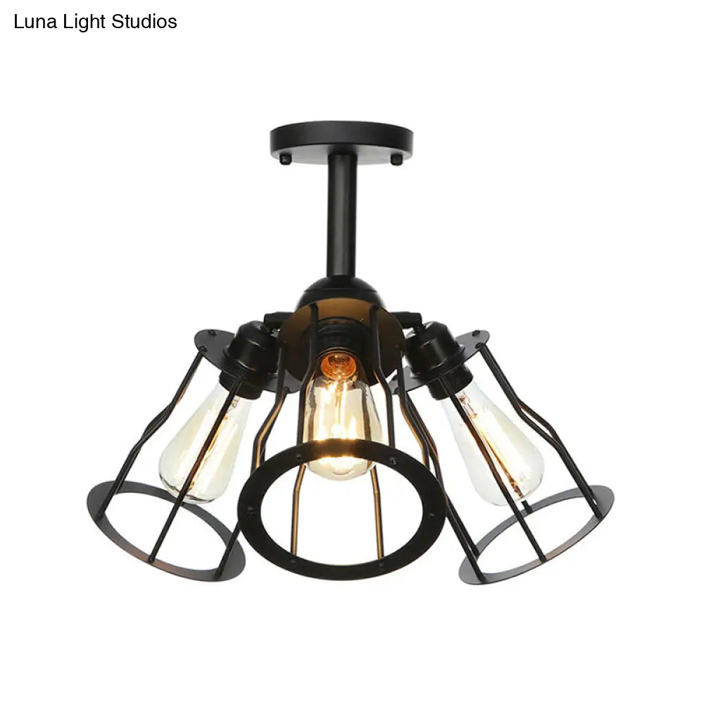 DecorBites™ DecorBites™ Semi Flush Industrial Black Ceiling Lighting for Living Room - 3 Heads with Wire Cage Metal Shade