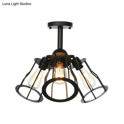 DecorBites™ DecorBites™ Semi Flush Industrial Black Ceiling Lighting for Living Room - 3 Heads with Wire Cage Metal Shade