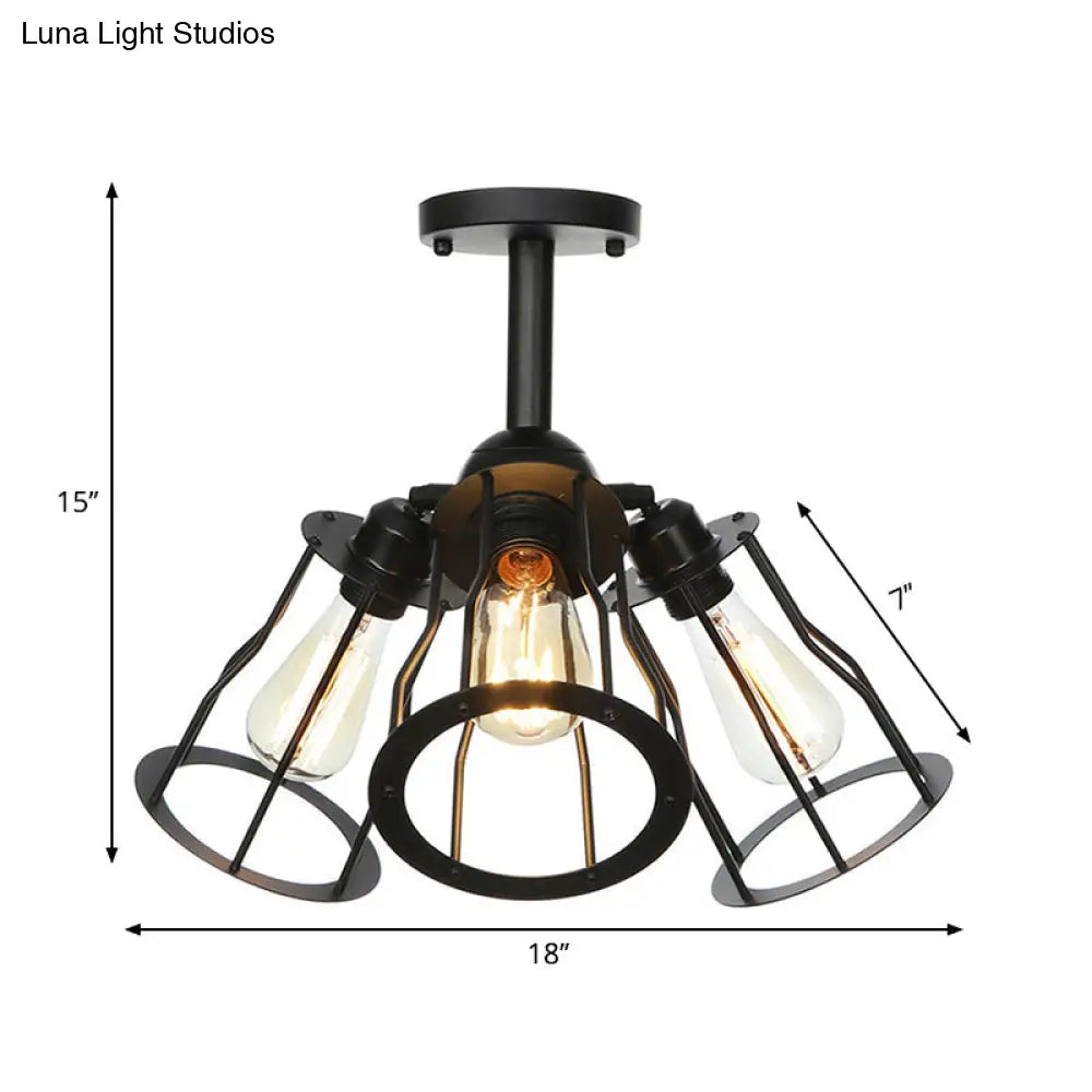 DecorBites™ DecorBites™ Semi Flush Industrial Black Ceiling Lighting for Living Room - 3 Heads with Wire Cage Metal Shade