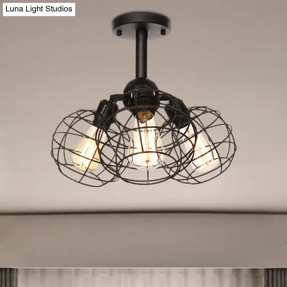 DecorBites™ DecorBites™ Semi Flush Industrial Black Ceiling Lighting for Living Room - 3 Heads with Wire Cage Metal Shade
